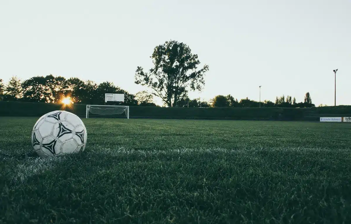 Soccerball on Pitch Green With Sun Behind Trees